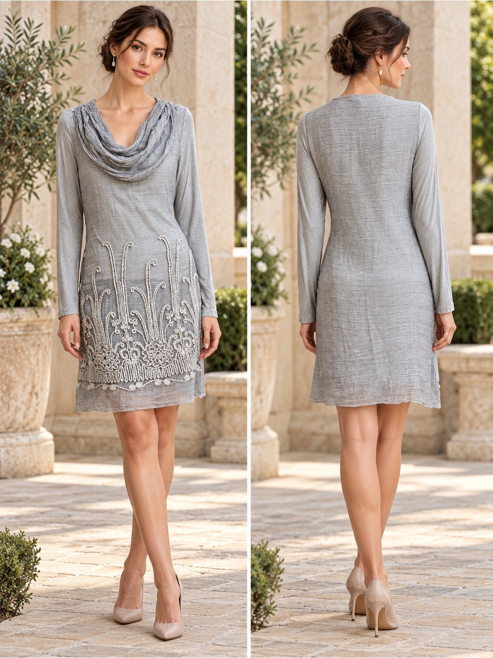 Soft Surroundings Gray Crinkle Embroidered Cowl Neck Tunic Dress Small S